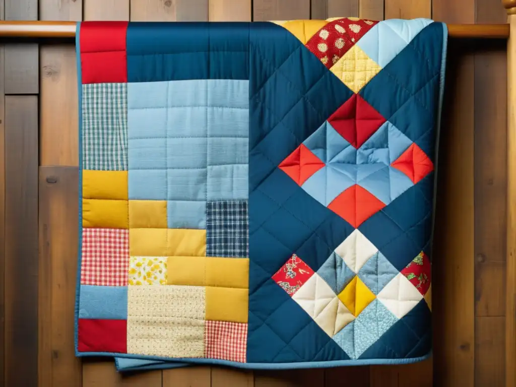 Un nostálgico y cálido patrón de quilt americano en colores vibrantes sobre una mesa de madera rústica