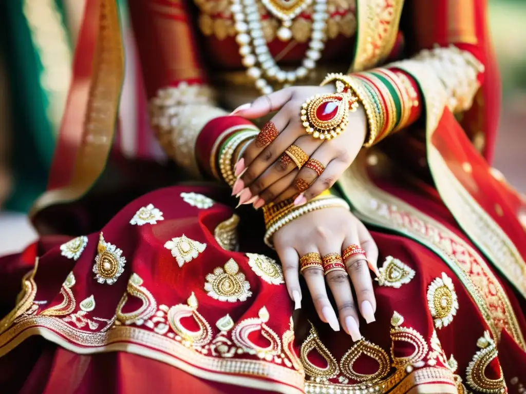 Una novia hindú lleva un gharchola rojo y dorado con patrones tradicionales, joyas y mehndi