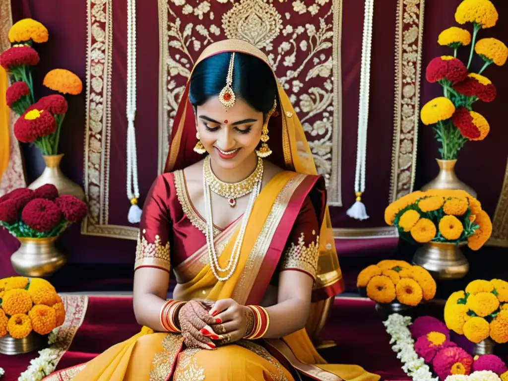 Una novia hindú con un sari rojo y dorado, rodeada de guirnaldas de flores, henna y elementos tradicionales