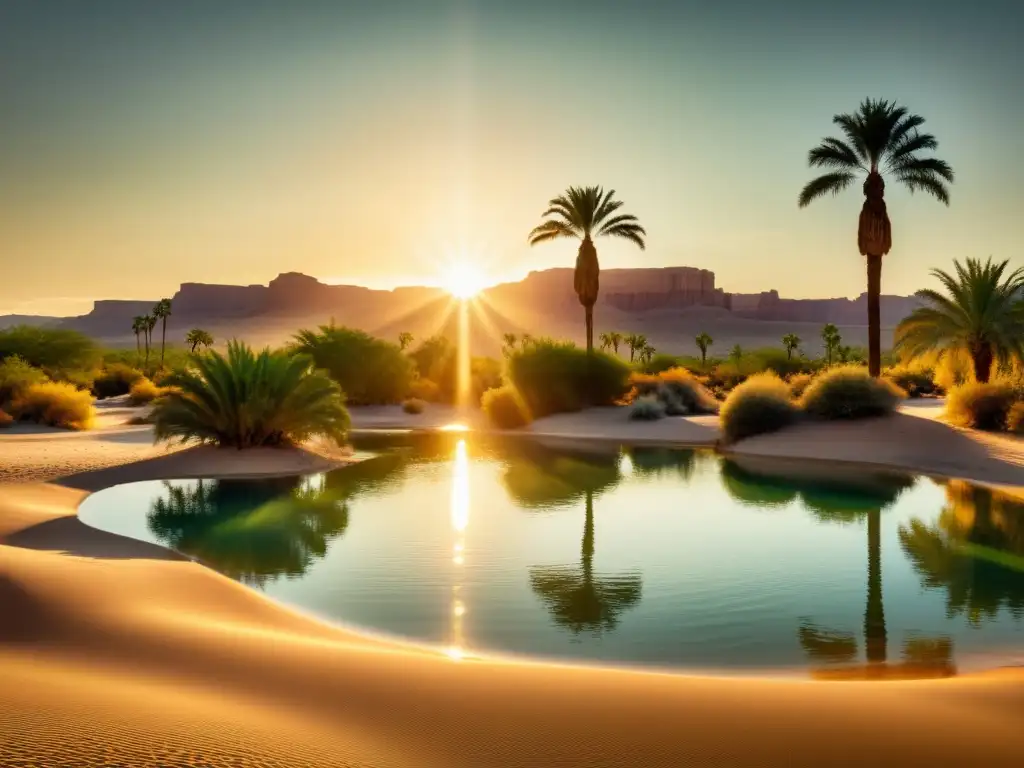 Un oasis ilusorio emerge en el desierto, con palmeras y una piscina, bajo ondulantes olas de calor