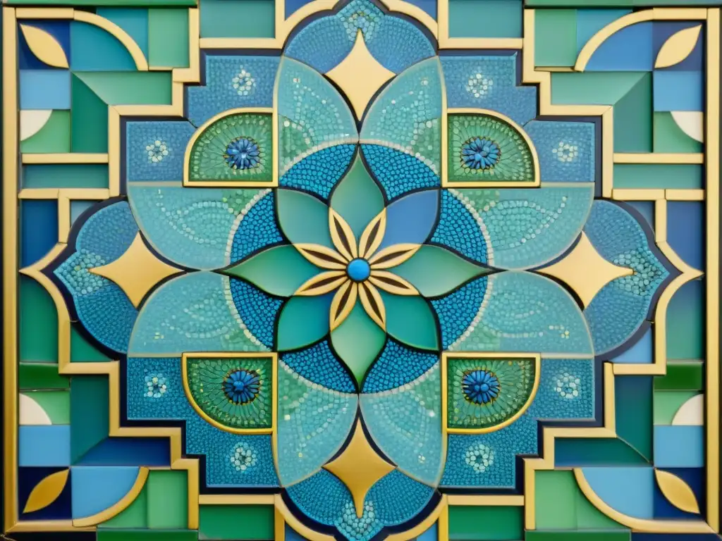 Una obra de arte árabe antigua y detallada en mosaico, con patrones geométricos en azul, verde y dorado