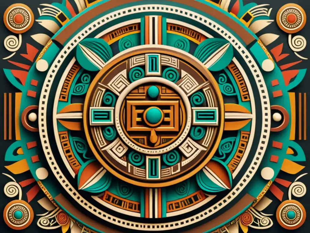 Obra de arte contemporáneo con significado patrones Mayas en tonos cálidos y detalles intrincados, fusionando lo antiguo con lo moderno