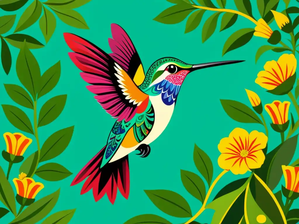 Obra de arte detallada de un colibrí en vuelo rodeado de flores, representando el significado del colibrí en arte y folklore nativo