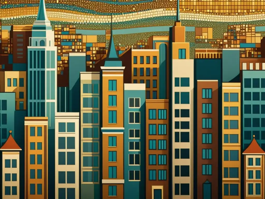 Una obra de arte digital estilo vintage de un paisaje urbano convertido en un patrón de mosaico, con tonos cálidos y detallado intrincado