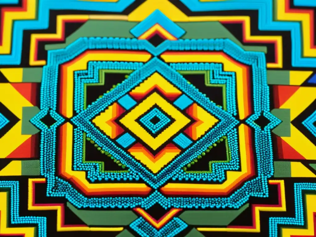 Una obra de arte huichol detallada y colorida, con patrones y símbolos tradicionales, refleja la artesanía experta