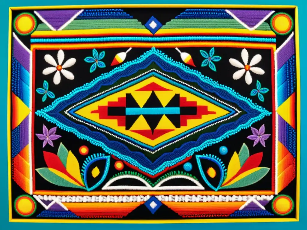 Obra de arte Huichol con diseños indígenas en patrones artísticos, detalles coloridos y texturas ricas