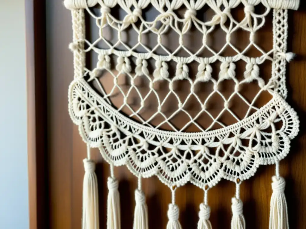 Una obra de arte en macramé, con intrincados nudos y patrones, bañada en cálida luz natural