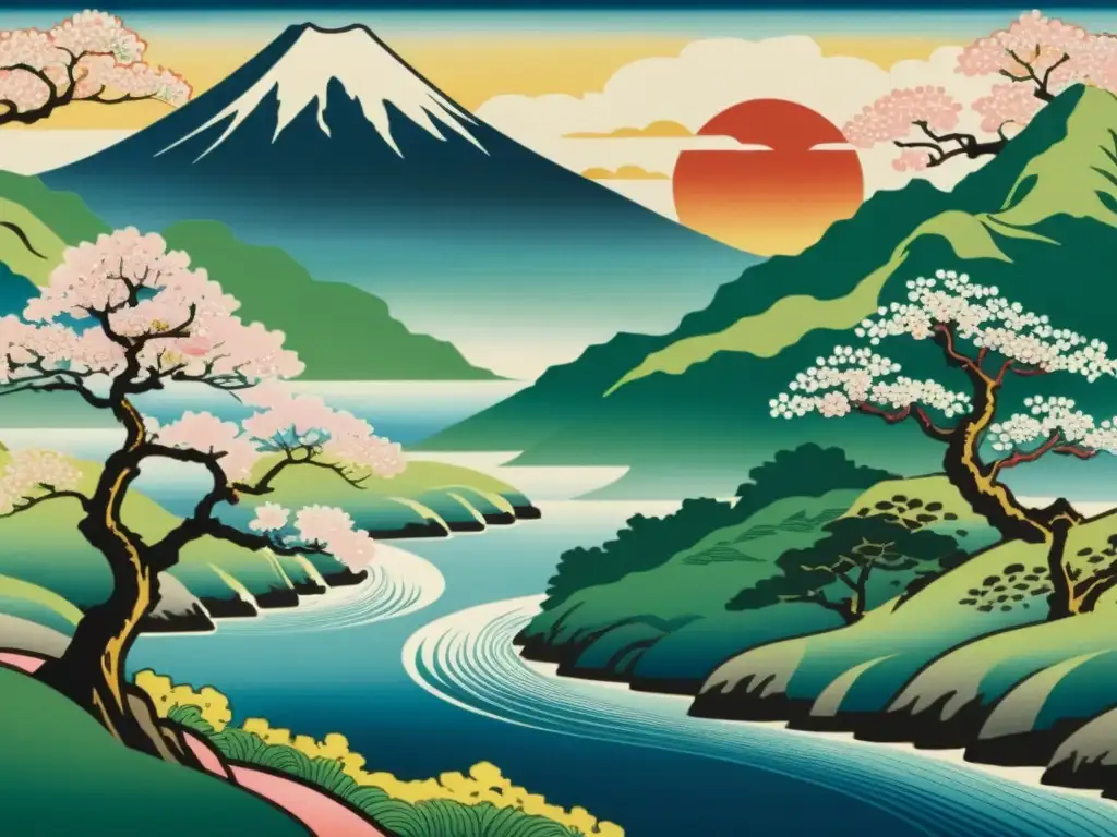 Grabado japonés de paisaje primaveral: detalles vibrantes en 8k Obra de arte japonesa tradicional con paisaje sereno de flores de cerezo en plena floración, río sinuoso y montañas distantes