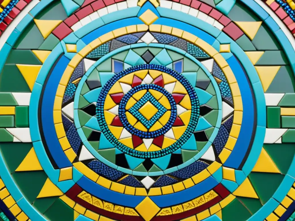 Obra de arte de mosaico fusionando patrones culturales en una composición vibrante y detallada