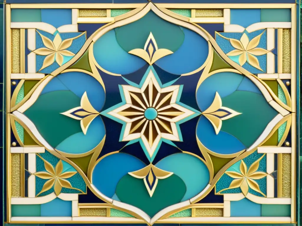 Obra de arte de mosaico vintage con patrones geométricos en tonos vibrantes de azul, verde y dorado, evocando la celebración del Eid alFitr