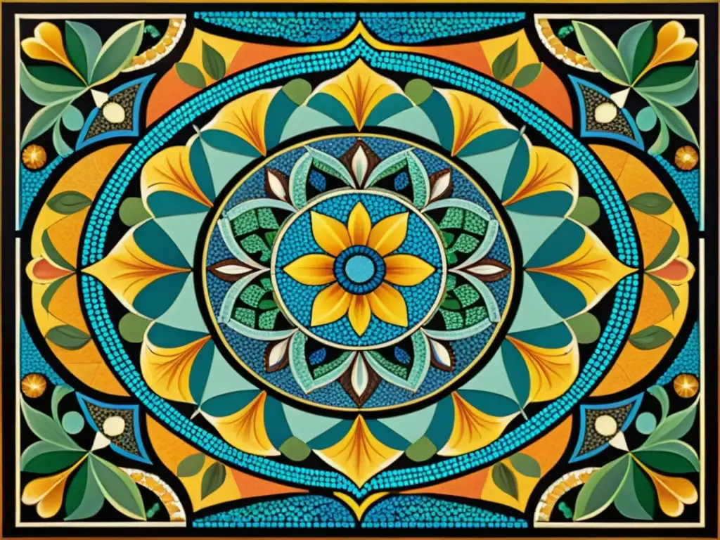 Obra de arte en mosaico vintage con patrones simétricos en vibrantes colores y formas geométricas ornamentadas, destacando la meticulosa artesanía