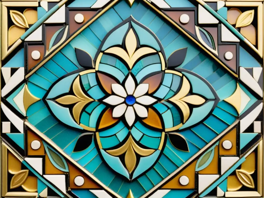 Una obra de arte con patrones minuciosos: un mosaico vintage con diseños florales y geométricos en tonos tierra y toques de hoja de oro