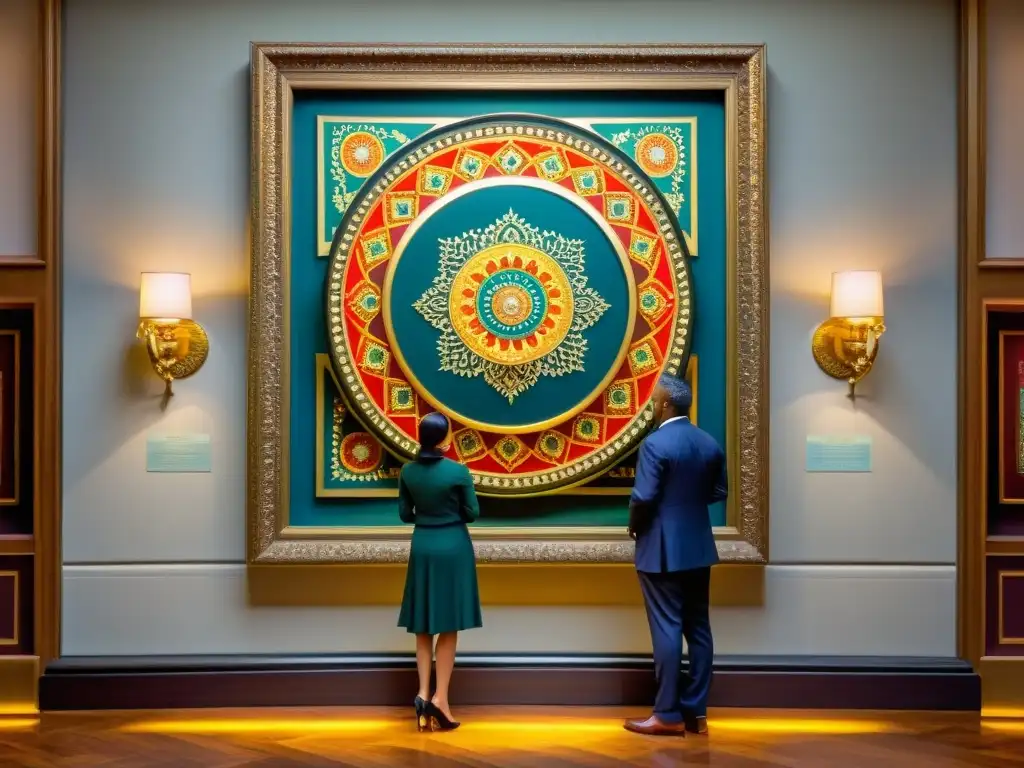 Obra de arte de mandala vintage en galería de renombre, con patrones sagrados y colores vibrantes, reflejando elegancia y cultura