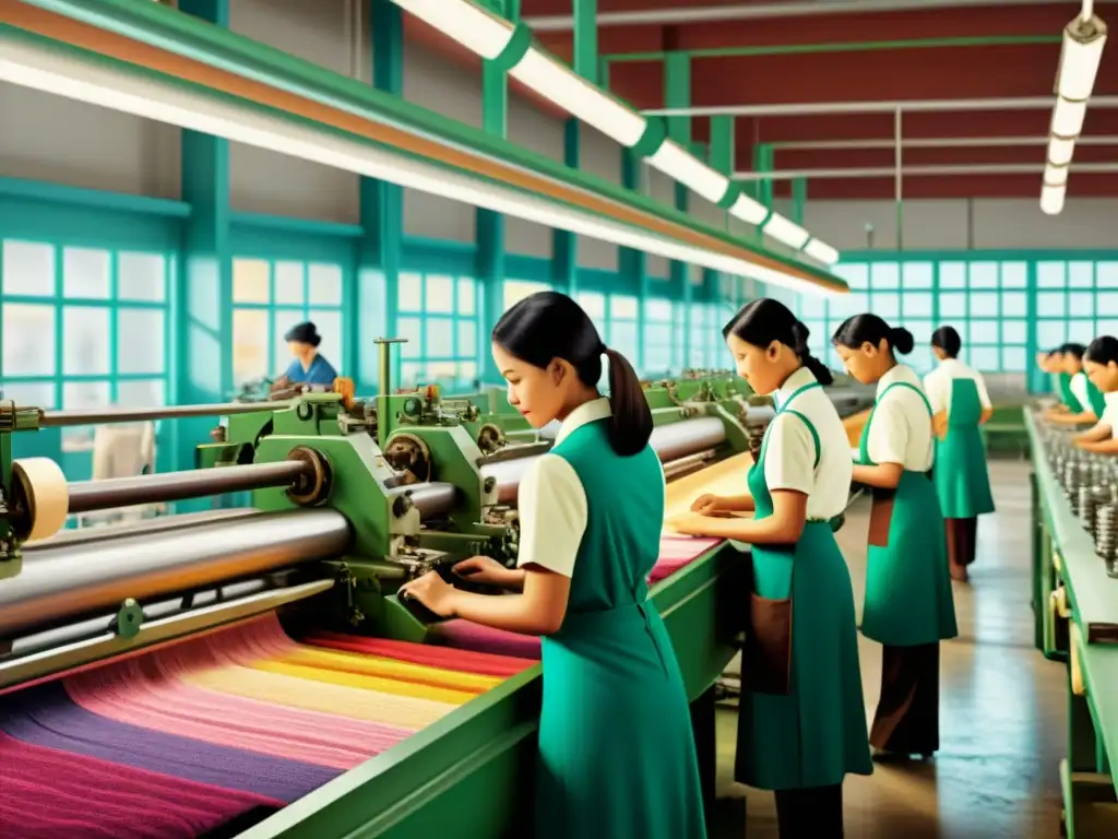 Obra de arte: fábrica textil vintage con maquinaria detallada y trabajadores creando patrones con colores vibrantes