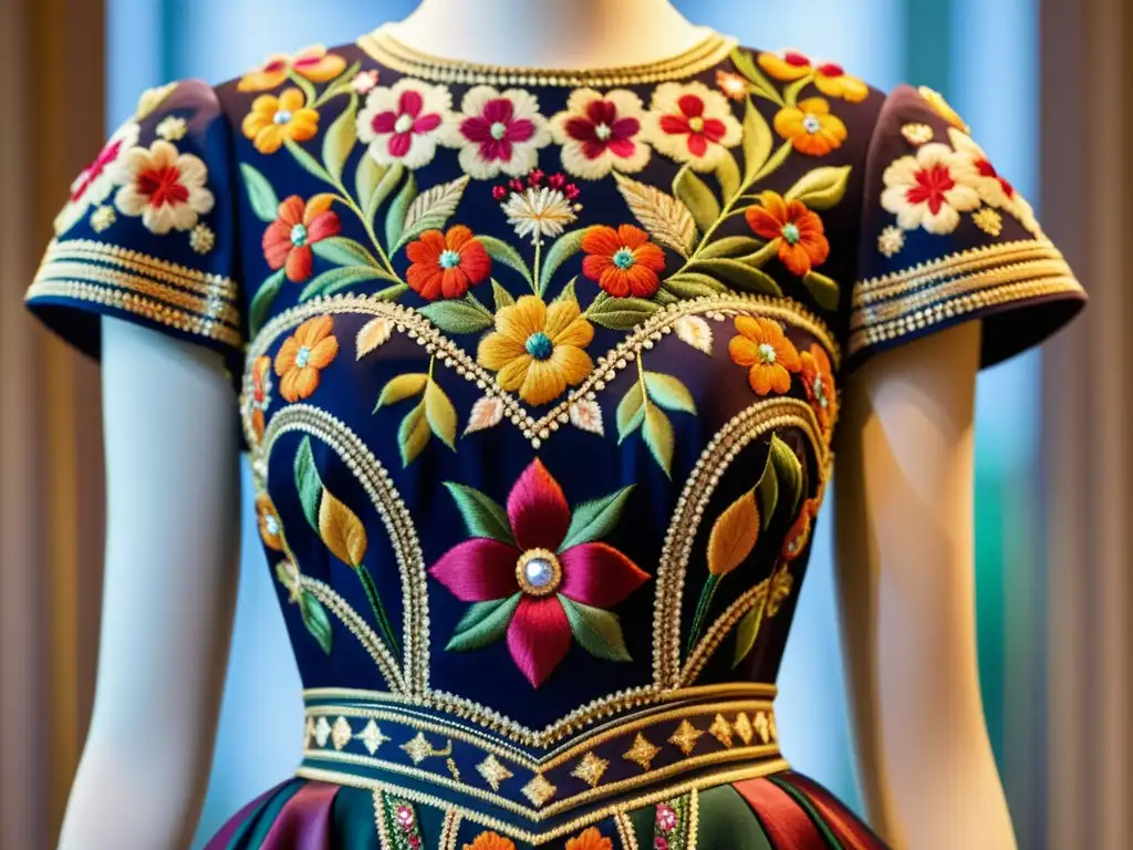 Una obra de arte: un vestido vintage de alta costura con exquisitos bordados y ricos tonos, evocando lujo y sofisticación