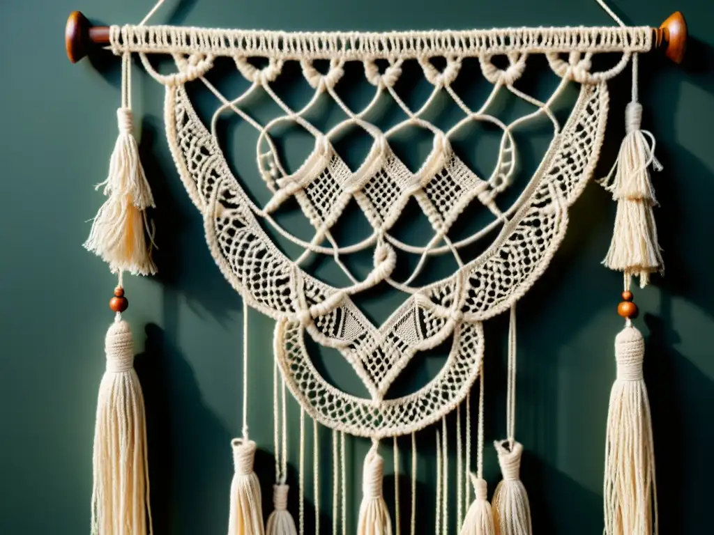 Una obra maestra de macramé vintage iluminada por la suave luz natural, resaltando la intrincada artesanía y el potencial de inversión en macramé