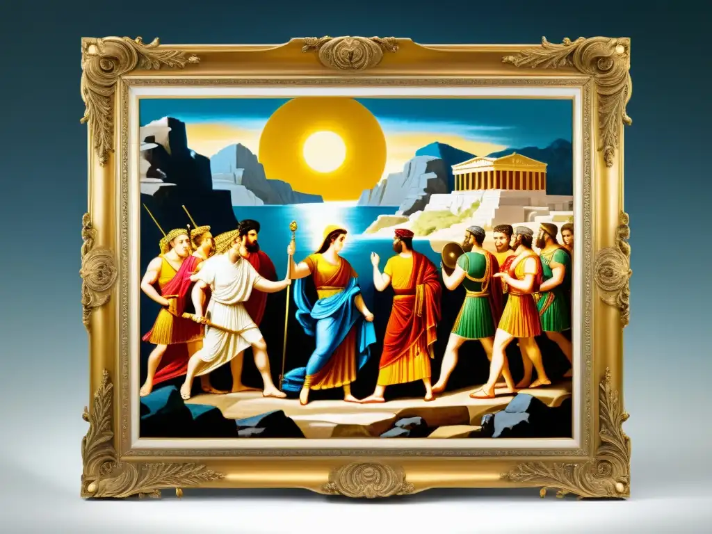 Obra maestra de la pintura moderna inspirada en la mitología greco-romana, con colores vibrantes y detalles intrincados en un marco dorado vintage