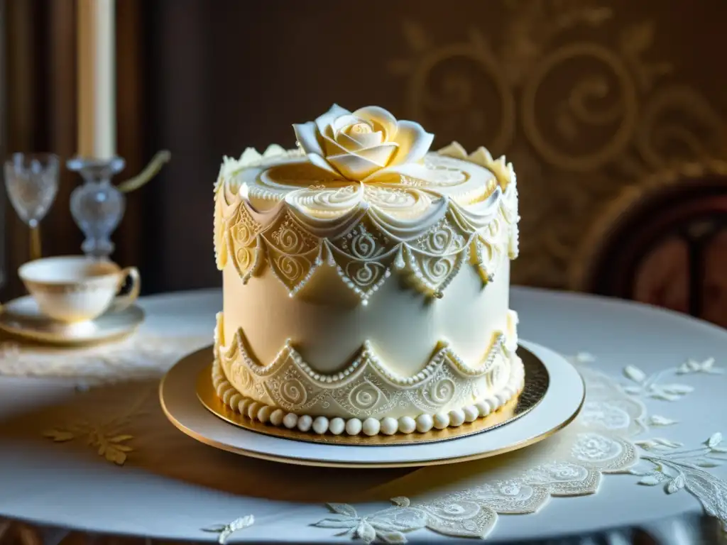 Una obra maestra de repostería con patrones decorativos en pasteles, detallada y exquisita, sobre encaje antiguo y vajilla elegante