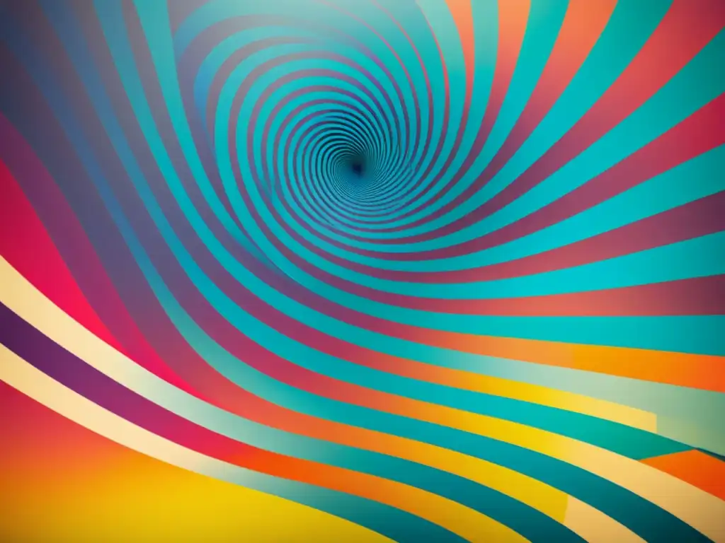 Una obra de Op Art hipnótica con patrones ópticos y cinéticos a nivel mundial en vibrantes colores contrastantes, creando ilusiones visuales dinámicas