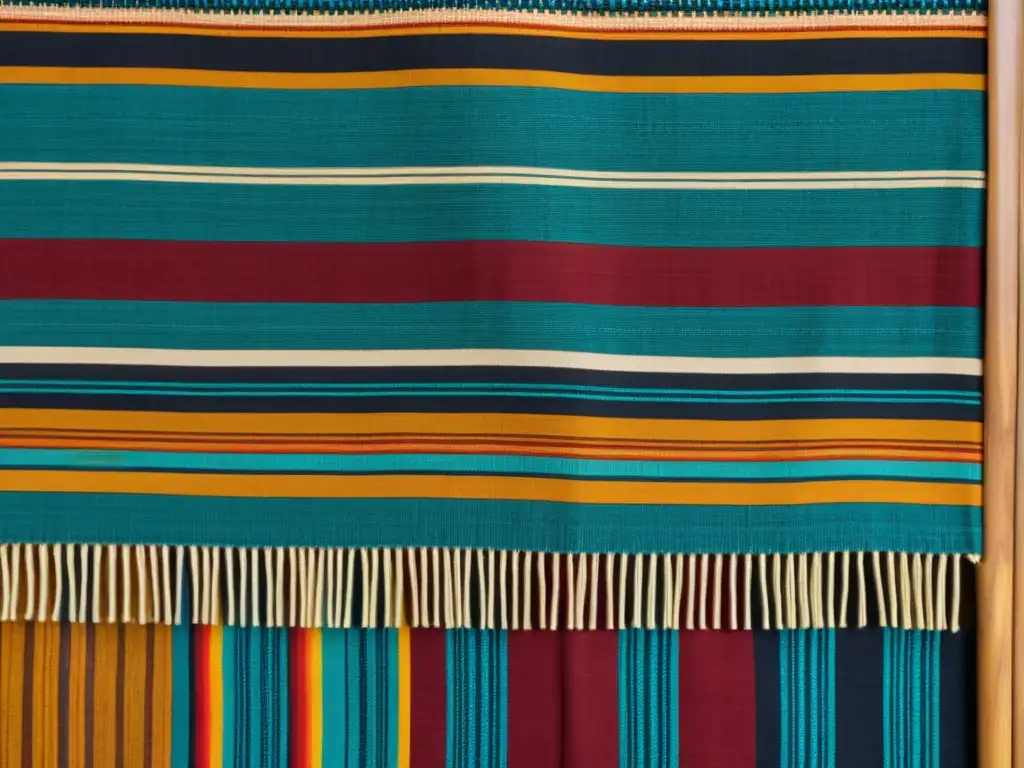 Una obra textil ancestral con vibrantes colores y patrones tradicionales, reflejando la artesanía meticulosa y el legado cultural