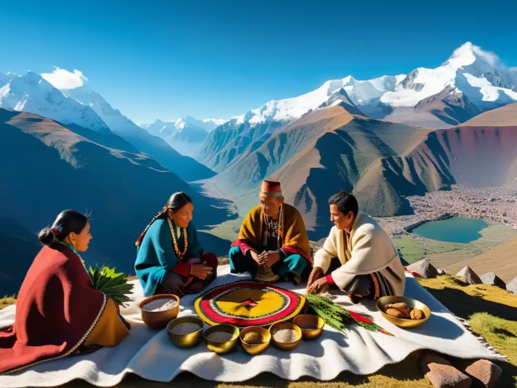 Ofrenda de Culto a la Tierra en los Andes: ceremonia andina con textiles coloridos, hojas de coca y montañas nevadas bajo cielo azul