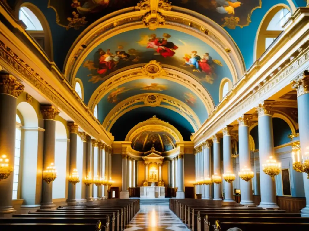 Opulencia barroca: detallada arquitectura de una catedral europea con frescos, columnas de mármol y molduras doradas