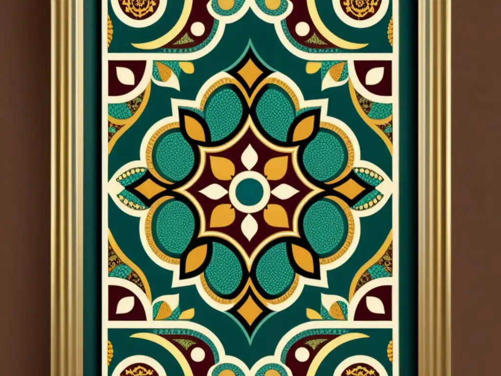 Ornamentado patrón de mosaico con elementos de realidad aumentada, fusionando arte tradicional y tecnología moderna en ricos tonos terrosos