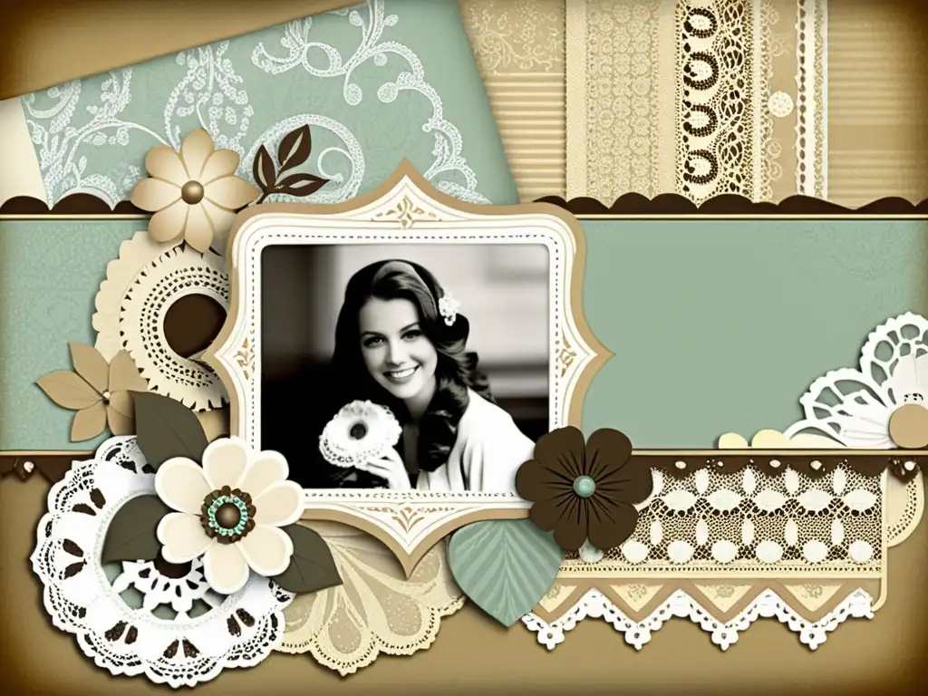 Una página de scrapbook digital vintage con patrones y adornos en colores suaves, evocando creatividad y artesanía