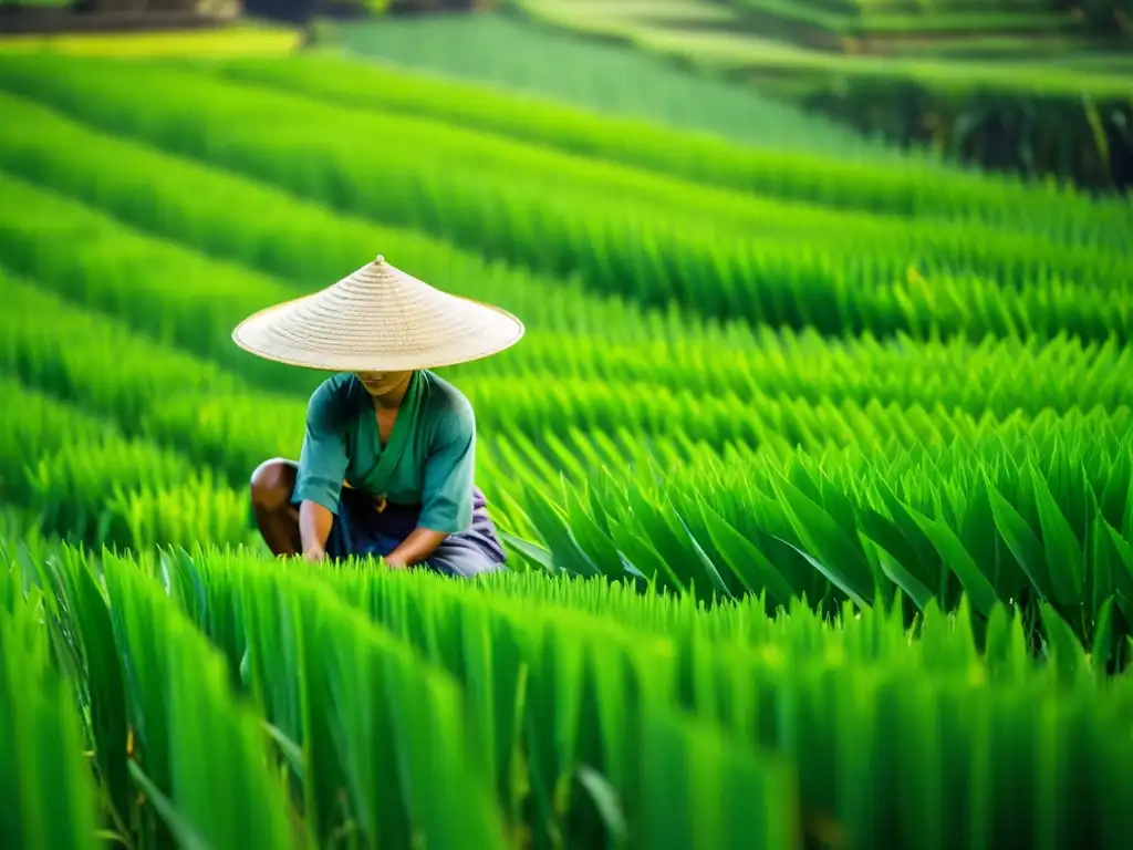 Un paisaje de campos de arroz en Bali con patrones artísticos y un agricultor balinés añade un toque cultural atemporal