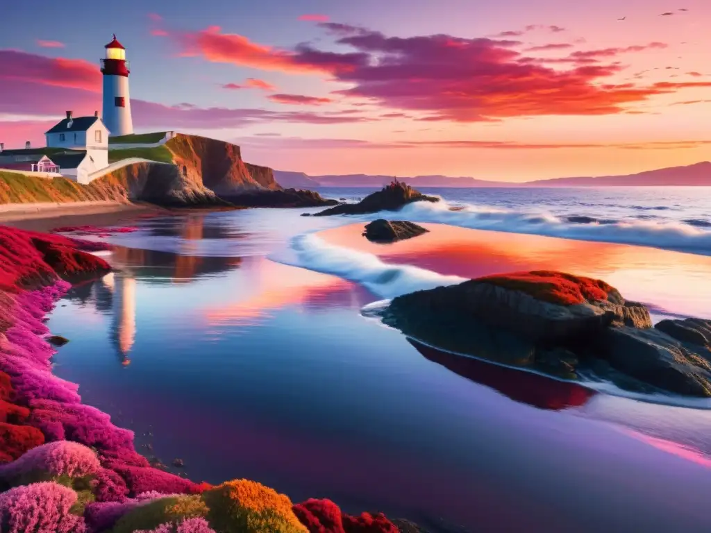 Un paisaje costero al atardecer con patrones de floraciones de algas rojas en el agua, reflejando la serenidad del momento