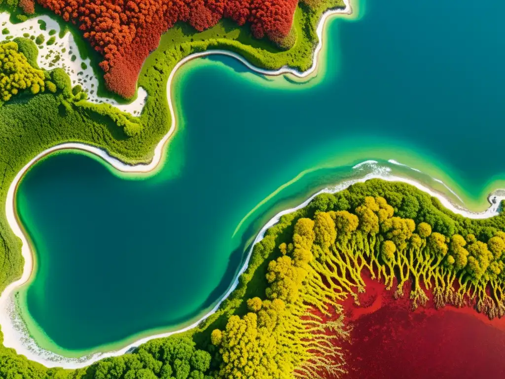 Un paisaje costero con vibrantes floraciones de algas rojas, evocando fascinación y preocupación