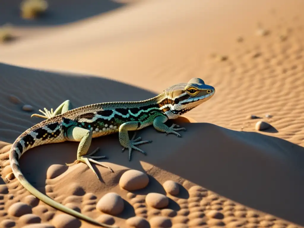 Un paisaje desértico arenoso con animales camuflados en patrones naturales, evocando asombro y descubrimiento