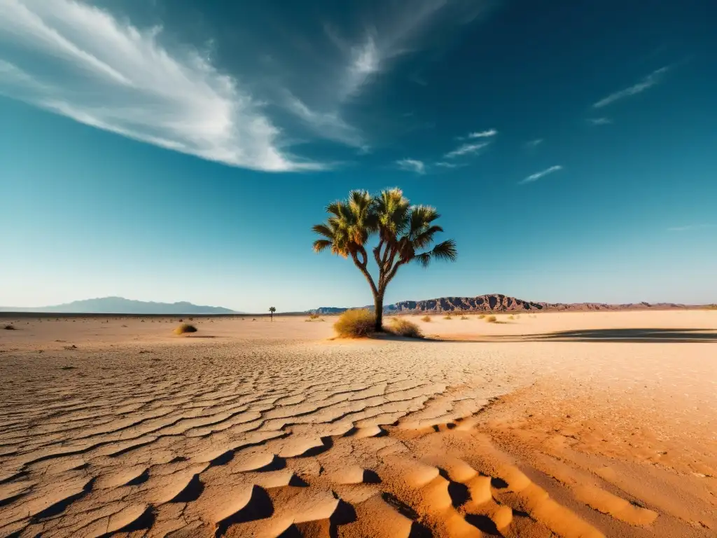 Un paisaje desértico con patrones de refracción en la naturaleza, donde un solitario oasis parece distorsionarse por el intenso calor