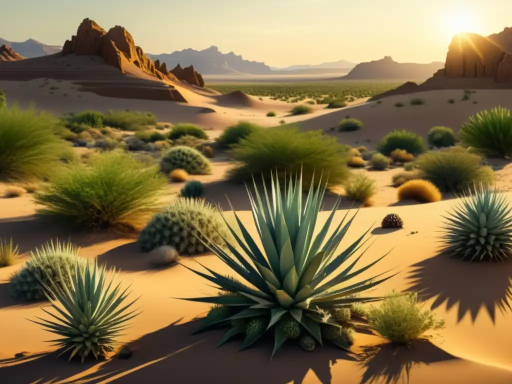 Un paisaje desértico con plantas espinosas detalladas, bañado por una cálida luz nostálgica