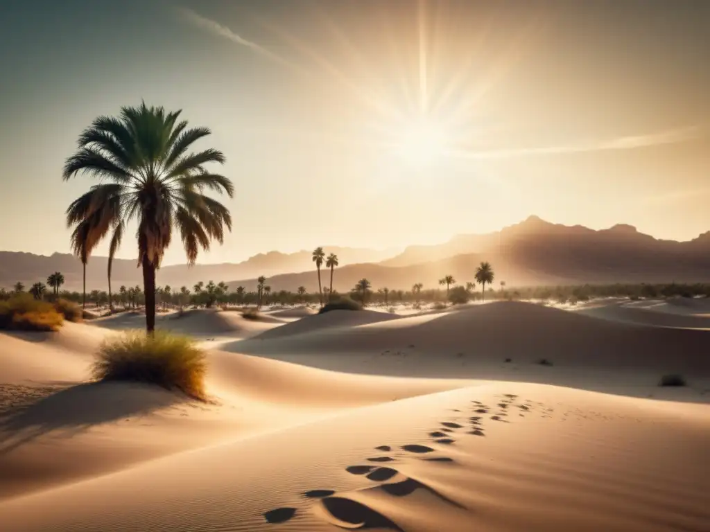 Un paisaje desértico vintage con patrones de refracción en la naturaleza, ilusiones de palmeras y agua en el calor del día