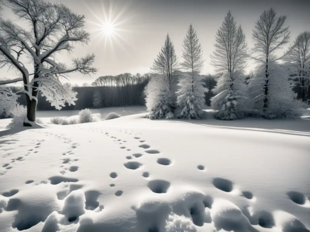 Un paisaje invernal cubierto de nieve, con variados patrones de nieve y árboles distantes, capturando una escena cautivadora