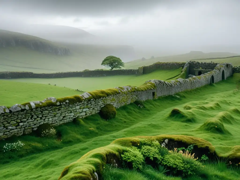 Un paisaje irlandés mágico con patrones celtas, piedras cubiertas de musgo y un bosque misterioso en la distancia