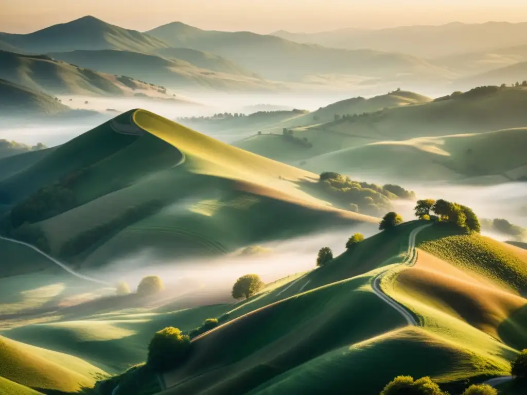 Un paisaje montañoso cubierto de neblina al amanecer, con patrones fotográficos de paisajes naturales en la suave luz del sol naciente