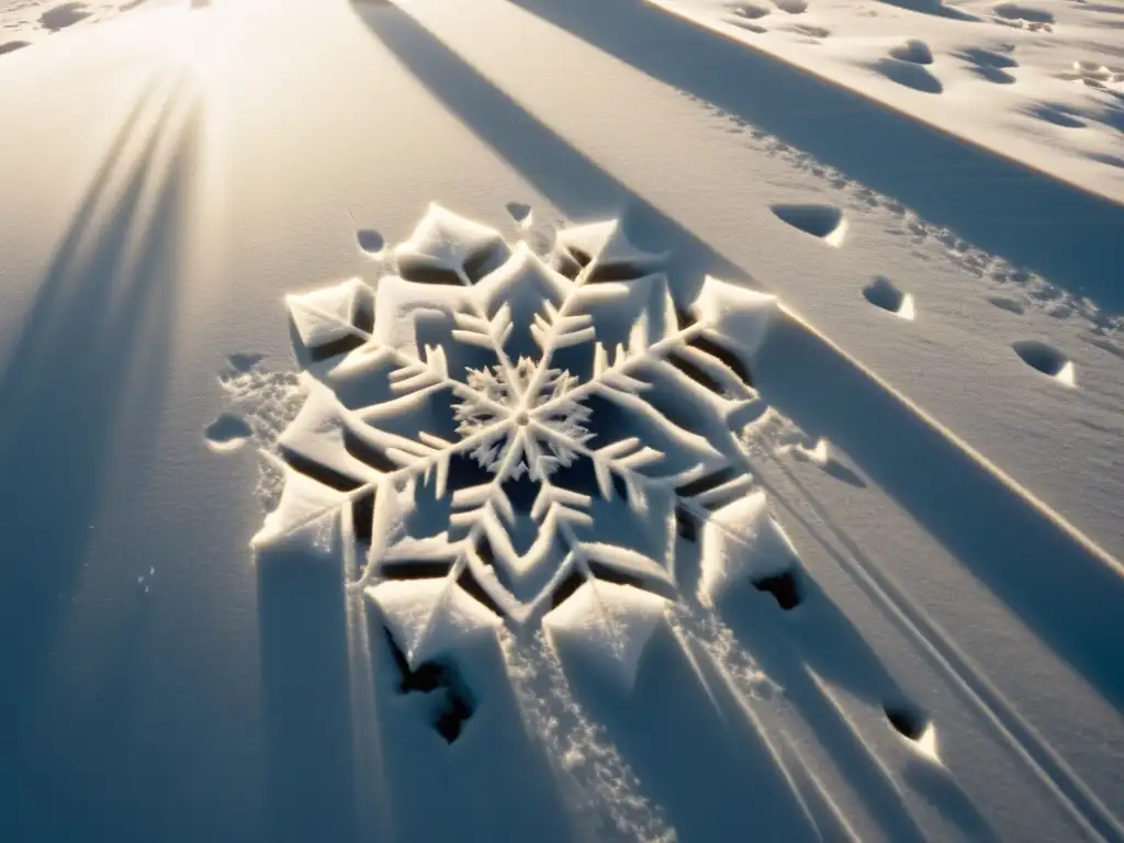 Un paisaje nevado con variedades de patrones en la nieve, bañado por la luz del sol y sombras alargadas