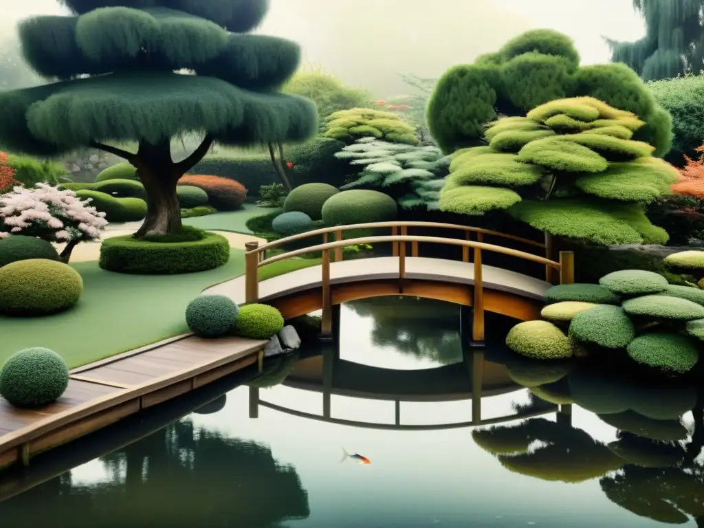 Un paisaje oriental vintage con un jardín tranquilo que representa el yin y yang en armonía