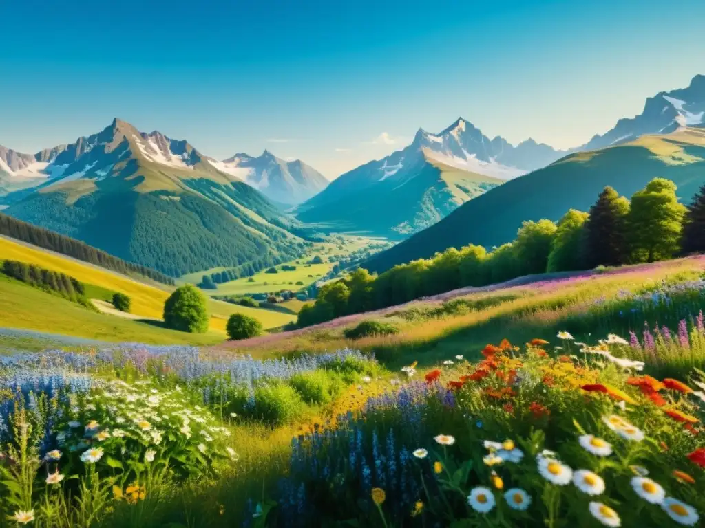 Un paisaje pintoresco con flores silvestres vibrantes en un prado, rodeado de majestuosas montañas y un cielo azul claro