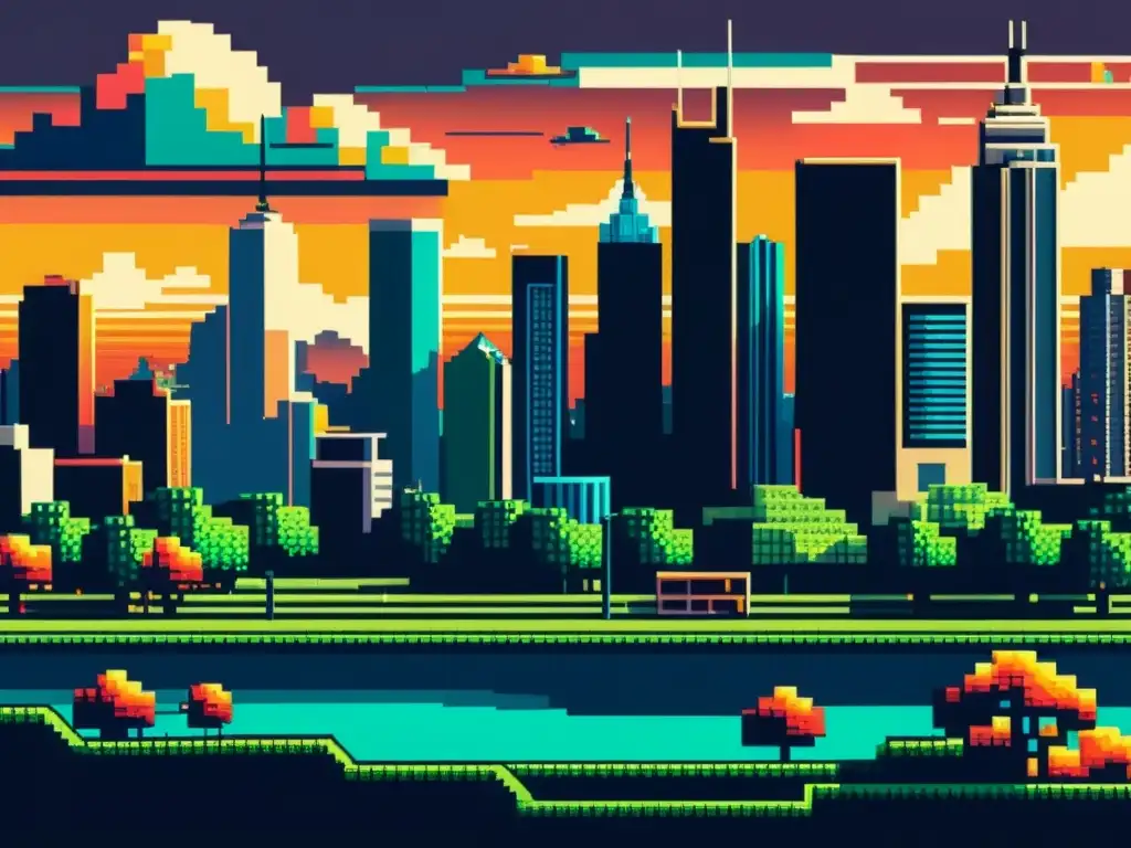 Un paisaje pixelado con una ciudad retro de 8 bits, nubes pixeladas y un atardecer vintage