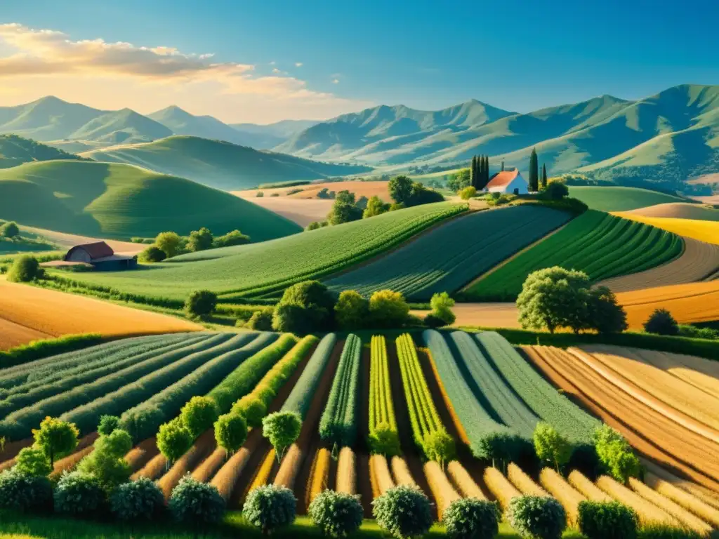 Un paisaje rural vintage con campos de cultivo y una casa de campo, capturando la belleza atemporal de los patrones agrícolas en la cultura