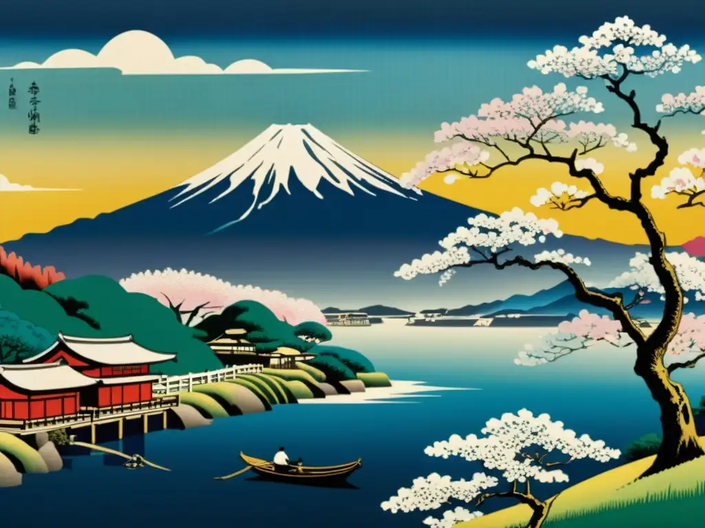 Un paisaje sereno con el Monte Fuji, cerezos en flor y un pueblo japonés tradicional, muestra patrones asiáticos en el arte