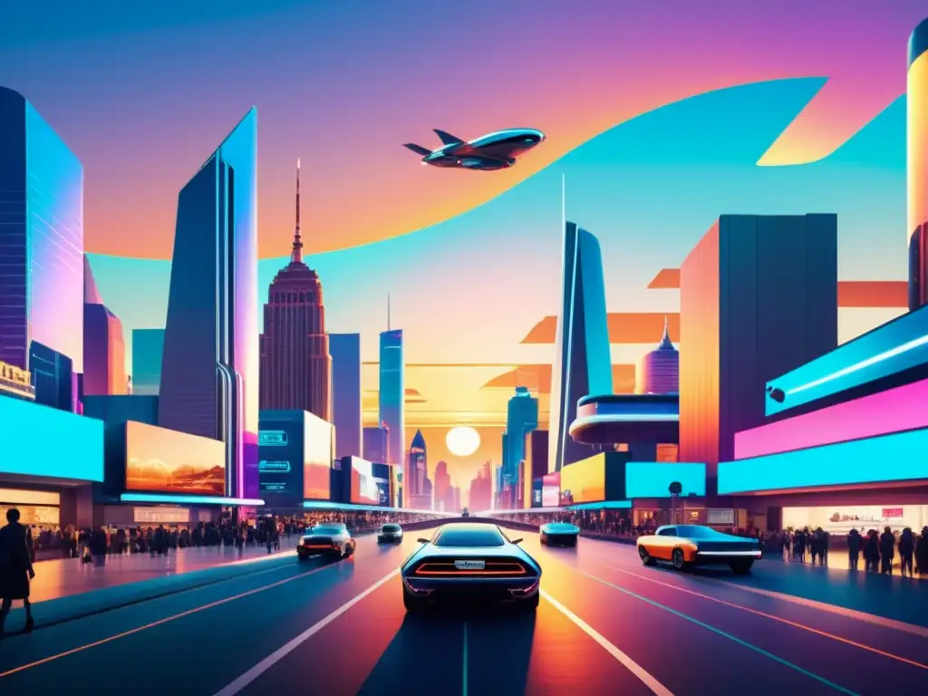 Un paisaje urbano futurista al atardecer con hologramas y autos voladores, reflejando el rol del licenciamiento en personalización