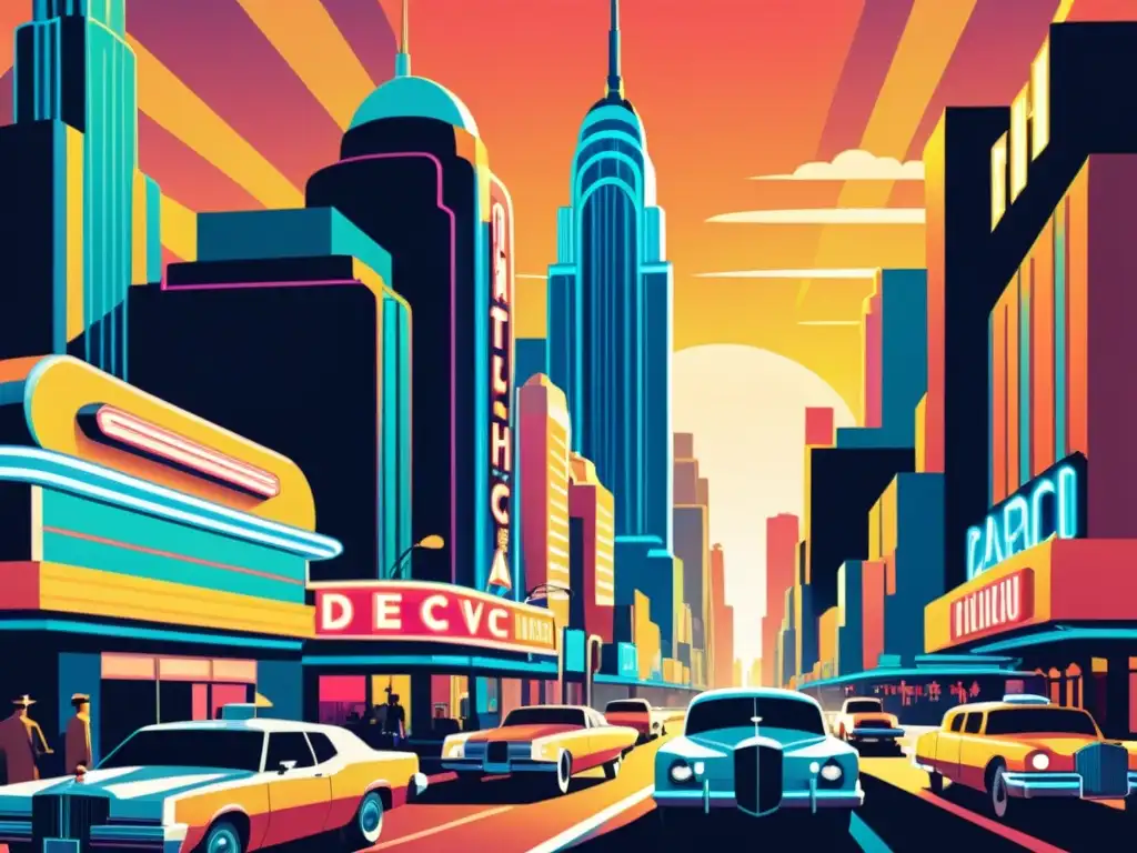 Un paisaje urbano futurista con edificios Art Deco, vehículos retrofuturistas y letreros de neón, iluminado por la cálida luz del atardecer