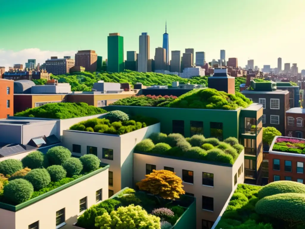 Horizonte urbano verde: una ilustración vintage de techos vivos Un paisaje urbano vintage con techos verdes exuberantes