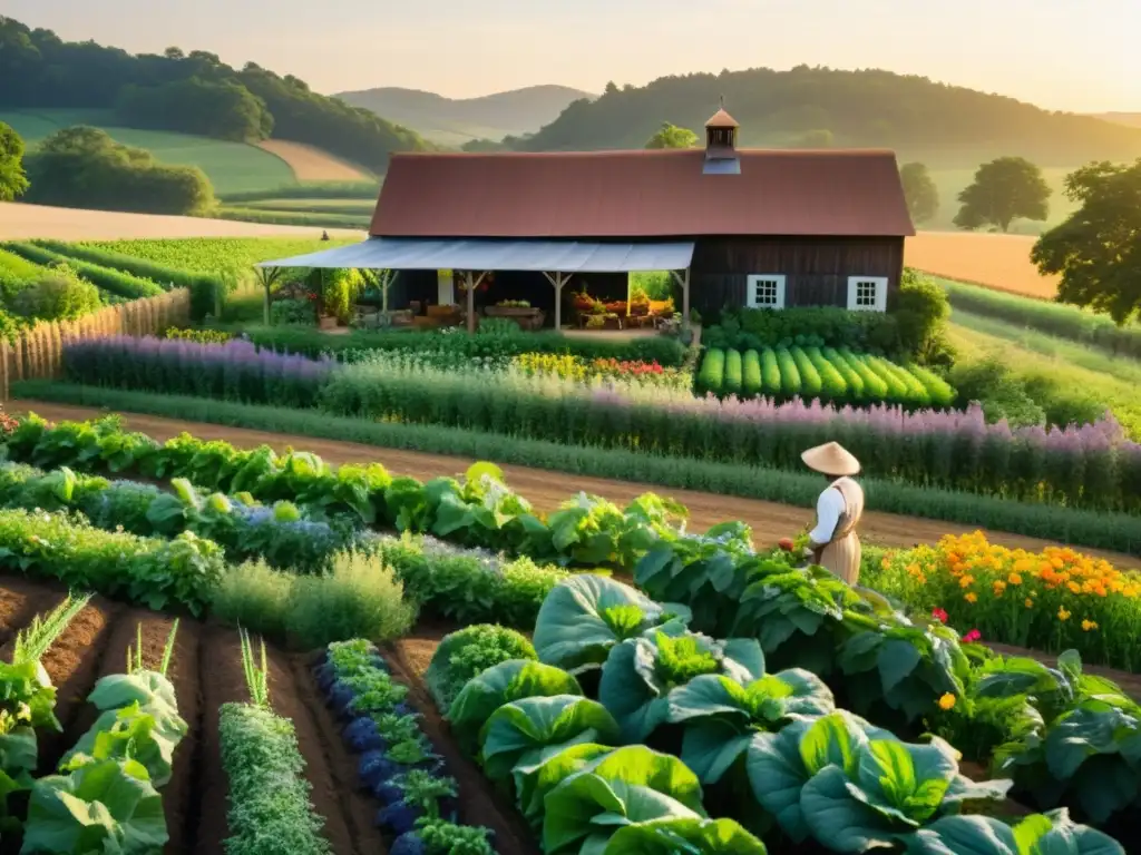 Un paisaje vintage de granja biodiversa con cultivos sostenibles, un atardecer cálido y un agricultor tradicional