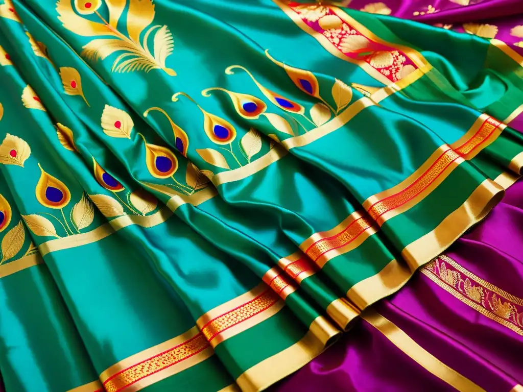 Un Paithani Saree tradicional muestra intrincados diseños de pavos reales y vibrantes patrones florales en oro zari