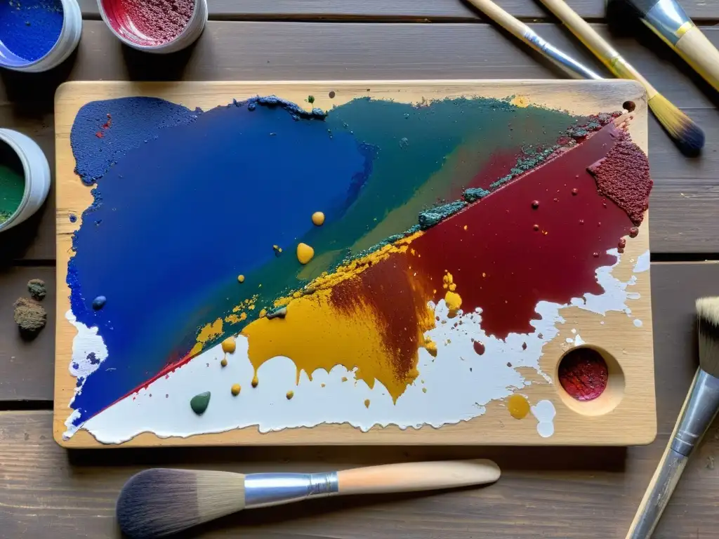 Un paleta de artista desgastada reposa sobre una mesa de madera, salpicada de pintura vibrante